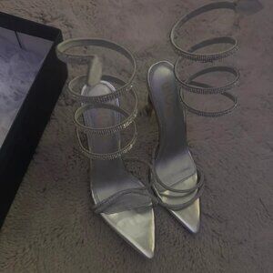 Ego Estella Diamanté Detail Wrap Around Strap Pointed Toe Stiletto Heel Silver S